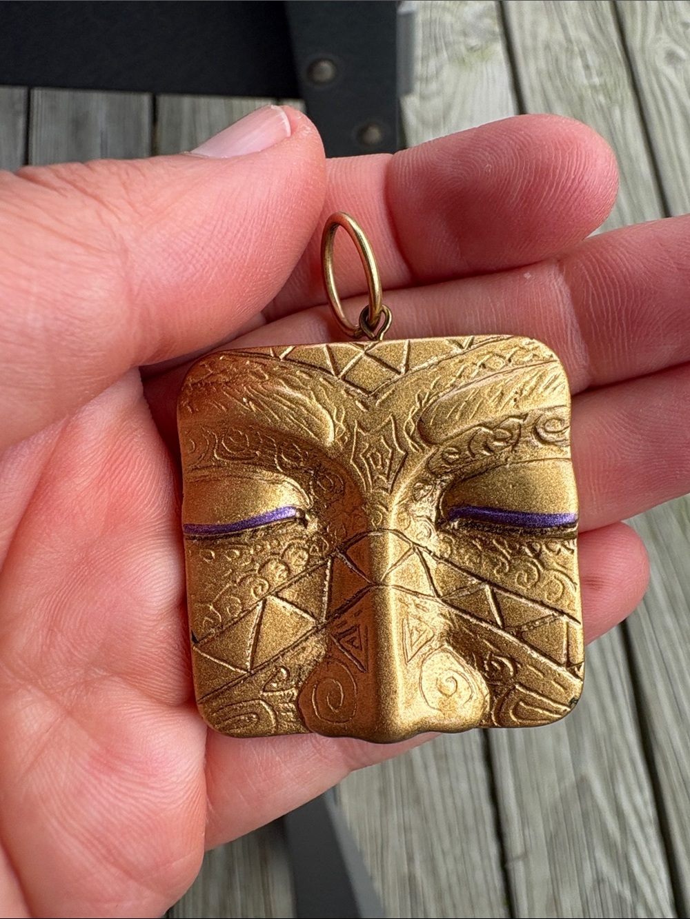 Artisan Face Mask Pendant Gold Tone Purple Statement Wearable Art vintage Y2K - Picture 6 of 12